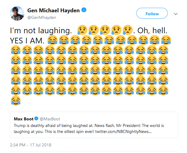 A tweet by former CIA Director Michael Hayden making fun of Donald Trump's backtrack of remarks he made in Russia earlier this week is going viral.