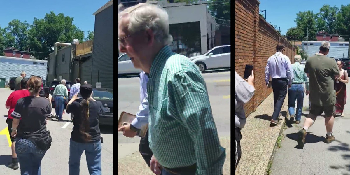 Protesters followed Senate Majority Leader Mitch McConnell to his car shouting at him after he left a restaurant in Kentucky. 