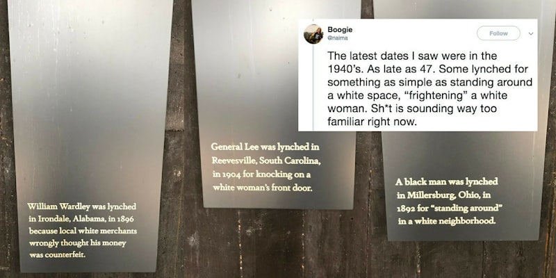 Plaques from the National Lynching Memorial describing why people were lynched.