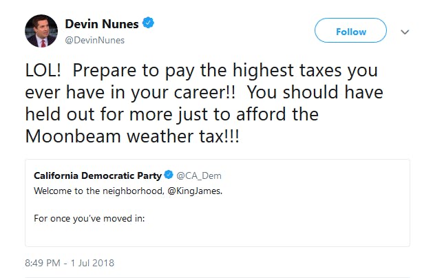 Rep. Devin Nunes (R-Calif.) welcomed LeBron James to the Los Angeles Lakers in the weirdest way possible.