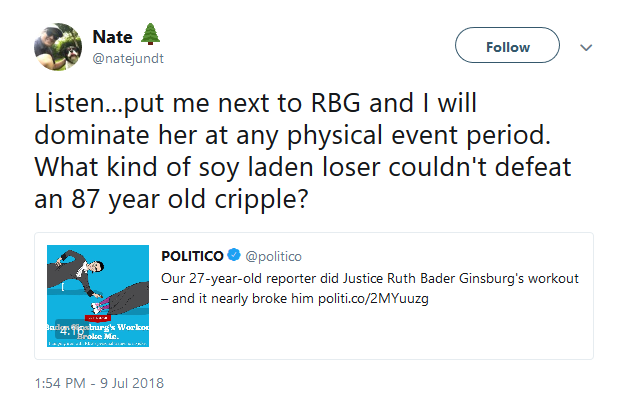 Conservatives are mocking a reporter and the workout routine of Supreme Court Justice Ruth Bader Ginsburg after Politco shared an old story.