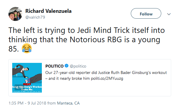 Conservatives are mocking a reporter and the workout routine of Supreme Court Justice Ruth Bader Ginsburg after Politco shared an old story.