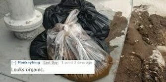 Reddit user post image of 20 pound bag of feces left on San Francisco sidewalk.