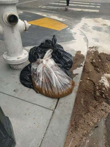 Reddit user post image of 20 pound bag of feces left on San Francisco sidewalk.