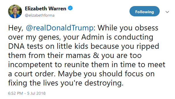 Elizabeth Warren fired back at Trump after he mocked her heritage.