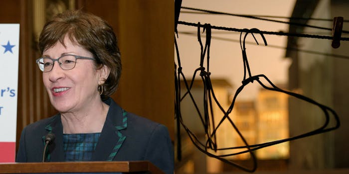 Maine Sen. Susan Collins and some wire hangers on a laundry wire.