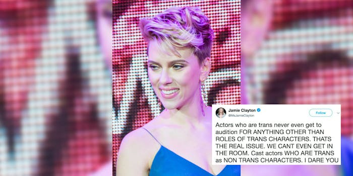 Scarlett Johansson with a critique of her choice to play a transgender man in the movie 'Rub & Tug.'