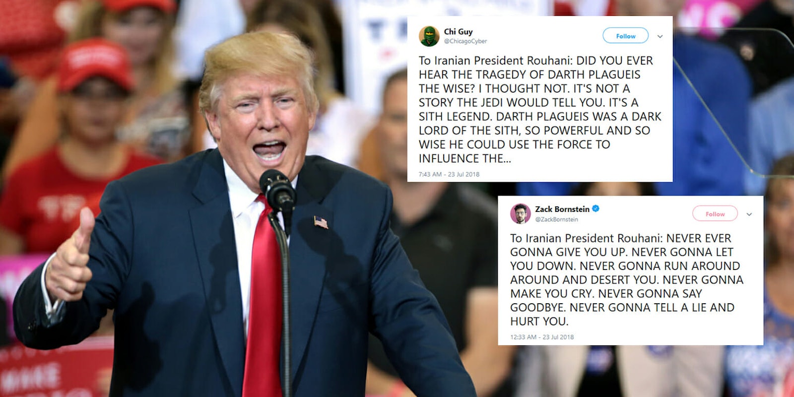 President Donald Trump made an all-caps tweet threat to Iran on Sunday. It was quickly turned into a meme–with people on Twitter mocking it mercilessly