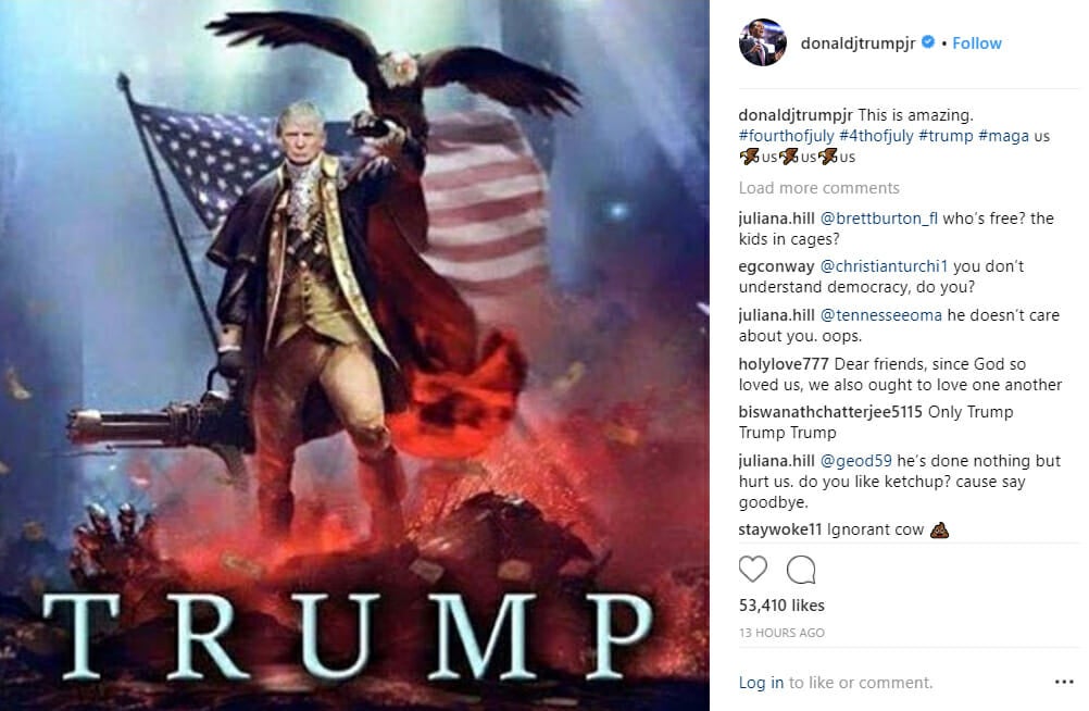 Donald Trump Jr. decided to celebrate July 4th by posting strange pictures and GIFs of his father on Instagram and Twitter.