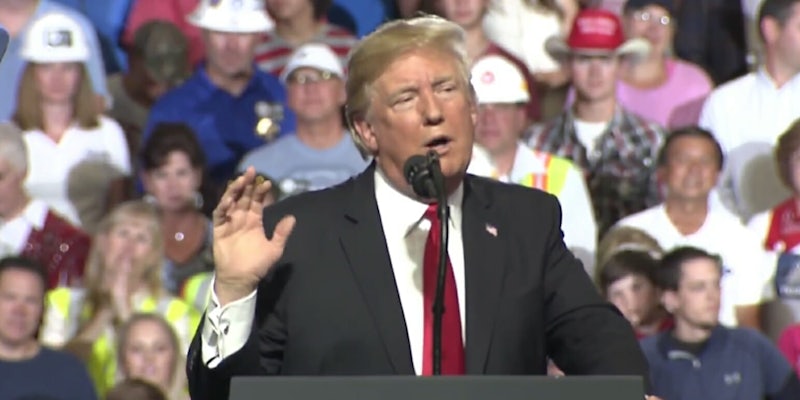 President Donald Trump mocked the #MeToo movement, Sen. Elizabeth Warren (D-Mass.), Rep. Maxine Waters (D-Calif.), and the media while speaking in front of a friendly crowd at a rally in Montana on Thursday night.