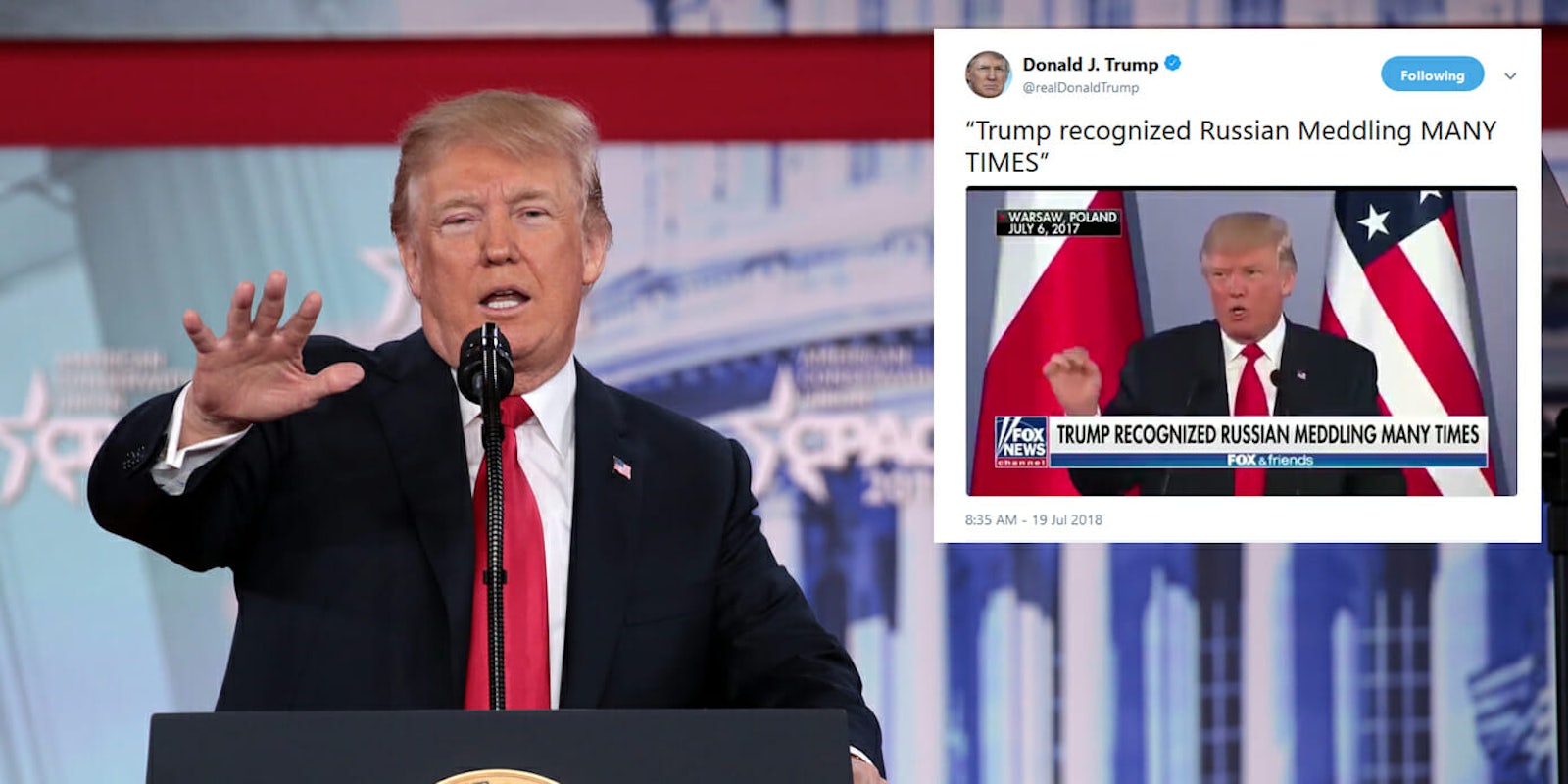 President Donald Trump continued to try and defend himself from criticism over his remarks about Russian election meddling with a Twitter clip.