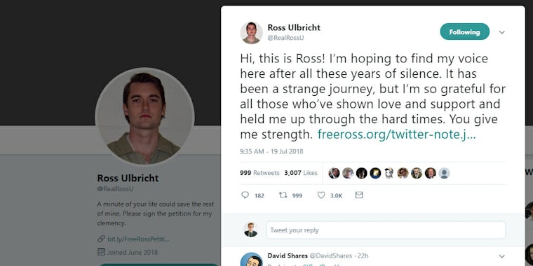 Ross Ulbricht, the convinced founder of the Silk Road dark web community, joined Twitter, posting that he hopes to find a connection to the public.
