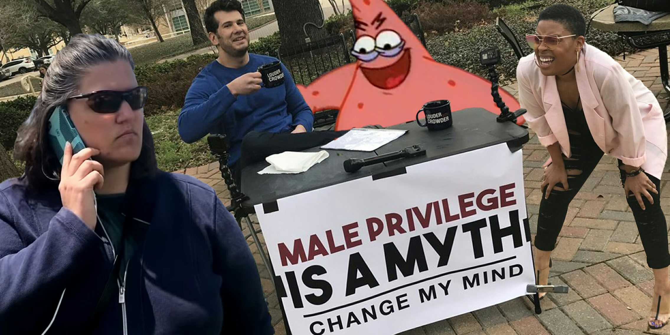 BBQ Becky, Evil Patrick, Change My Mind, and Squinting Woman memes
