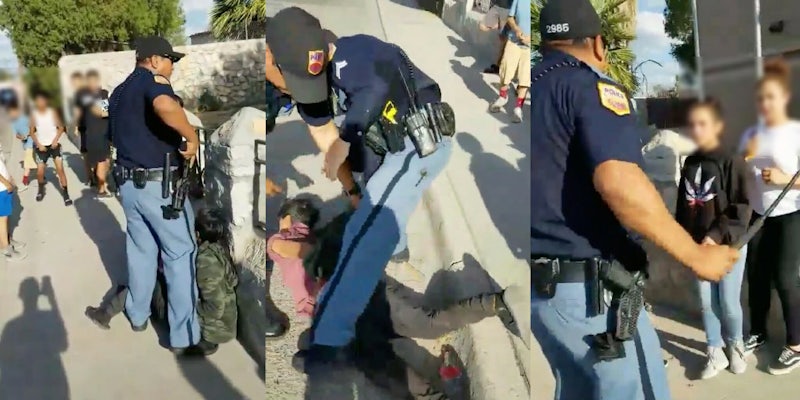 An El Paso police officer pulls his gun on children, drags a kid into the street, and whips out his baton.