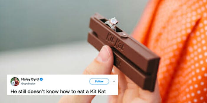 The man who went viral for eating a Kit Kat wrong just proposed to his girlfriend—with a Kit Kat.