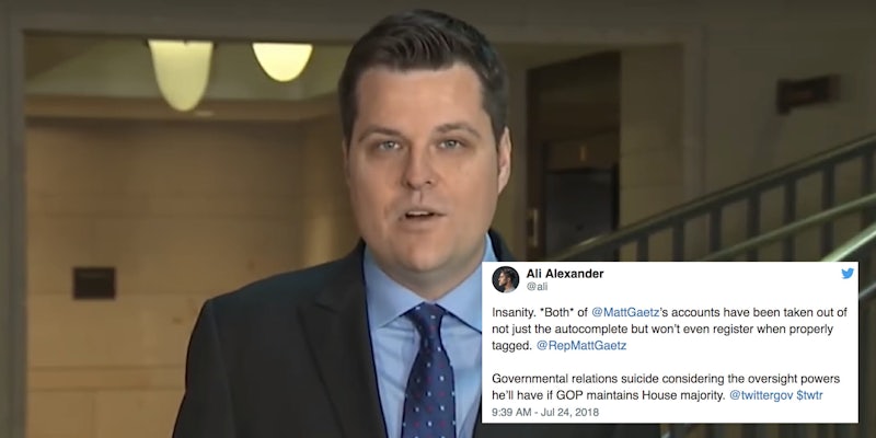 Rep. Matt Gaetz's Twitter accounts are not showing up in searches on the social media platform.