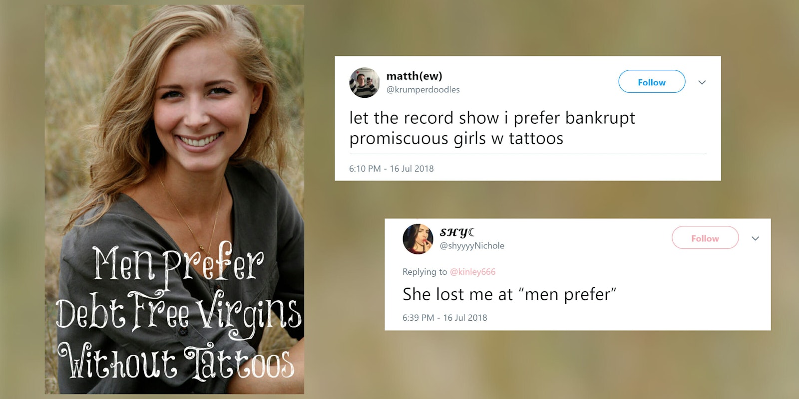 men prefer debt free virgins without tattoos