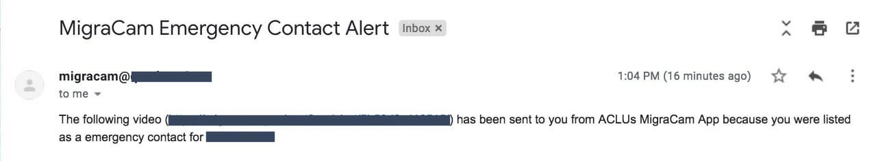 A MigraCam email alerting the emergency contact.