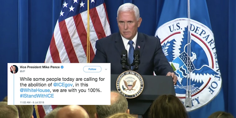 Mike Pence calls for the defense of Immigration and Customs Enforcement, saying #IStandWithICE.