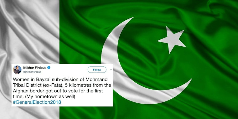The Pakistan flag with a tweet about women voting for the first time.