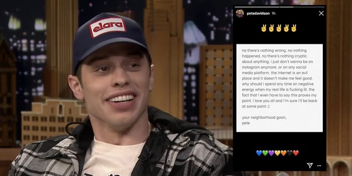 Pete Davidson deleted all of the photos from his Instagram account, writing in an Instagram Story that 'the internet is an evil place.'