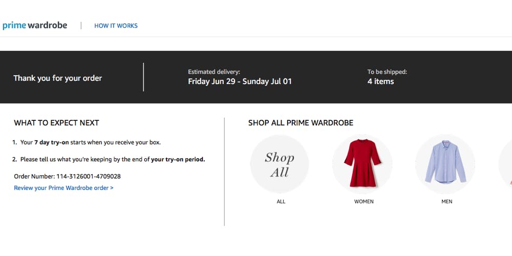 Amazon Prime Wardrobe ordered page