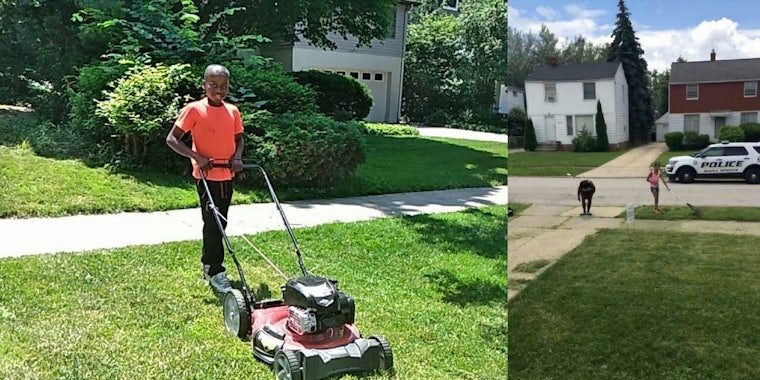 Reggie Fields cuts grass after having the police called on him by a white neighbor.