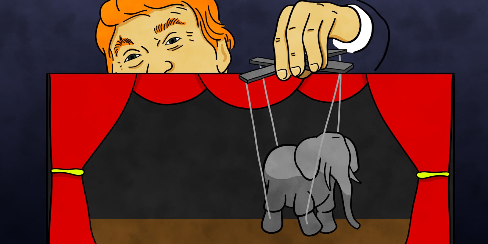 Donald Trump with marionette of an elephant