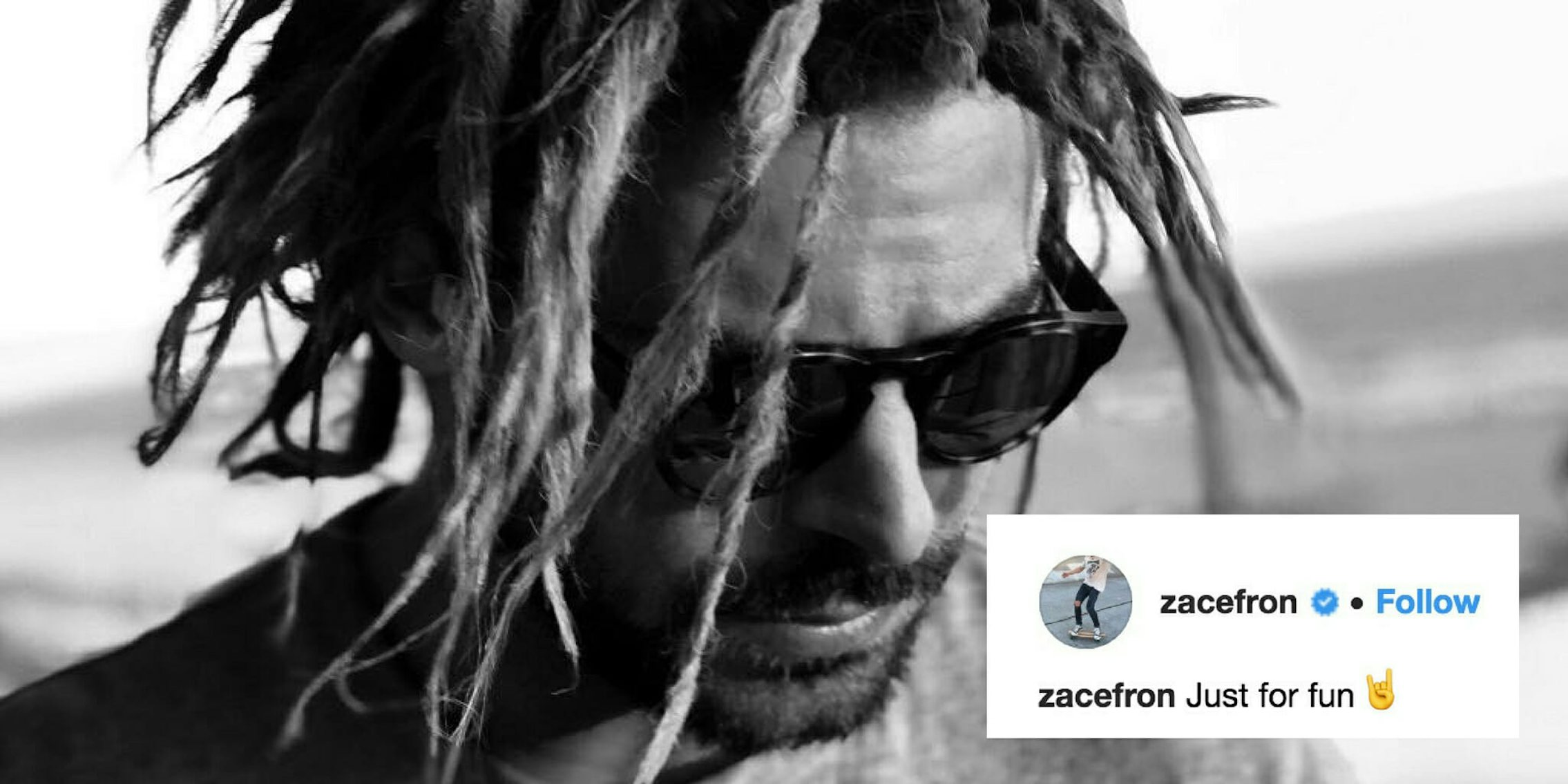 Zac Efron sports dreadlocks with an Instagram caption stating 'Just for fun,' though some accuse him of cultural appropriation.