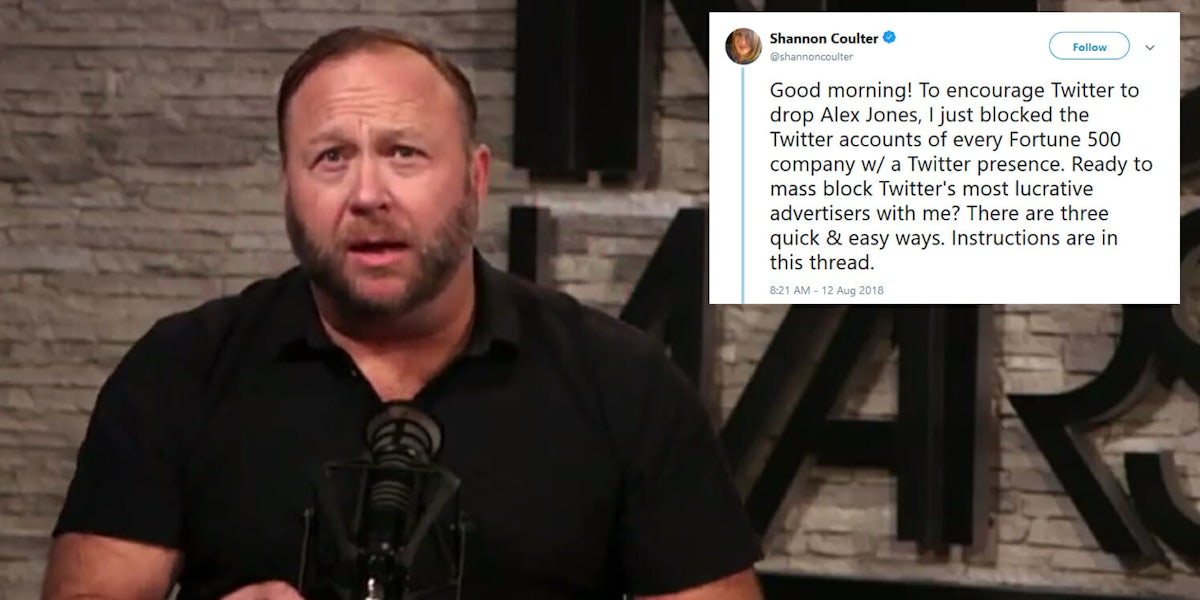 Nearly 50,000 people are blocking Fortune 500 companies that advertise on Twitter to try and pressure the company into joining other social media sites that have banned InfoWars and Alex Jones from using their platforms. 