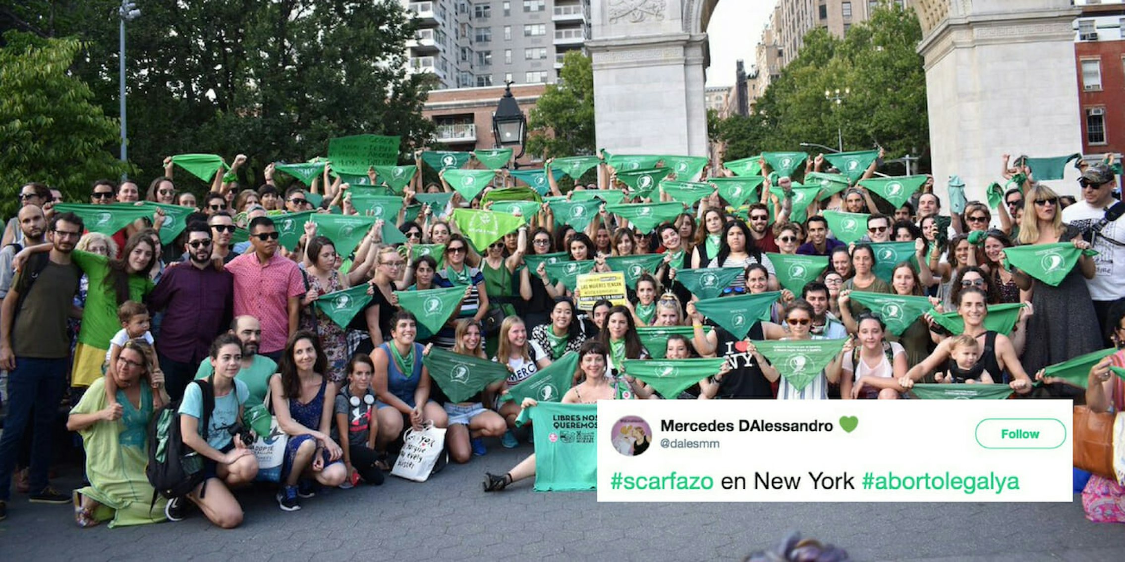 Protesters holding up green bandanas to support abortion in Argentina.