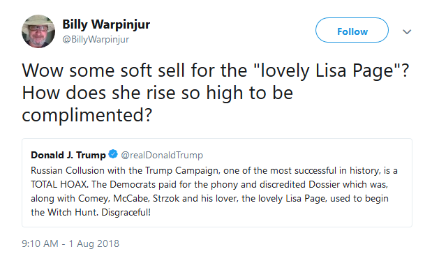 President Donald Trump tweeted about FBI agent Lisa Page on Wednesday and referred to her as the 'lovely Lisa Page,' which Twitter found odd.