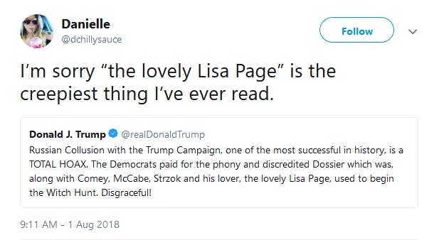 President Donald Trump tweeted about FBI agent Lisa Page on Wednesday and referred to her as the 'lovely Lisa Page,' which Twitter found odd.