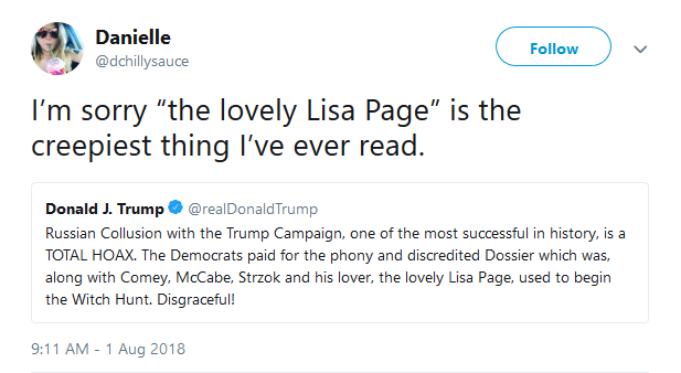 President Donald Trump tweeted about FBI agent Lisa Page on Wednesday and referred to her as the 'lovely Lisa Page,' which Twitter found odd.