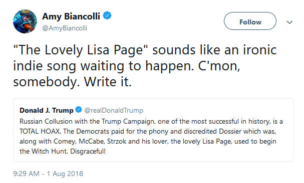 President Donald Trump tweeted about FBI agent Lisa Page on Wednesday and referred to her as the 'lovely Lisa Page,' which Twitter found odd.