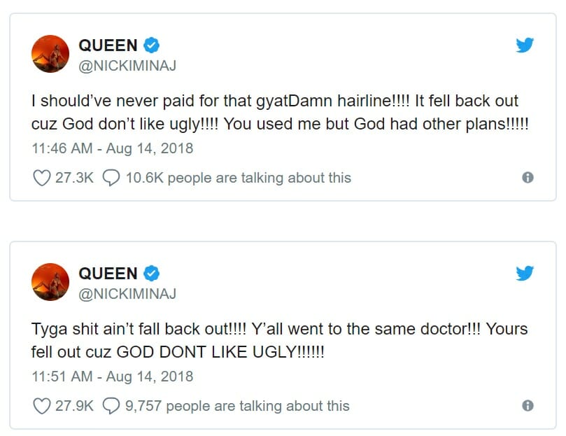 Just days following the release of her album “Queen,” Minaj has already embroiled herself in a Twitter war with her ex of 12 years, rapper and Love & Hip Hop star Safaree Samuels. Alongside allegations concerning a stolen credit card, songwriting credits, and fake hairlines, the two also accused each other of domestic abuse.