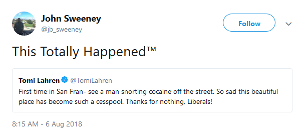 Fox News commentator Tomi Lahren blamed liberals for San Francisco becoming a 'cesspool' on Monday after she apparently visited the city for the first time.
