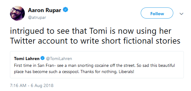 Fox News commentator Tomi Lahren blamed liberals for San Francisco becoming a 'cesspool' on Monday after she apparently visited the city for the first time.