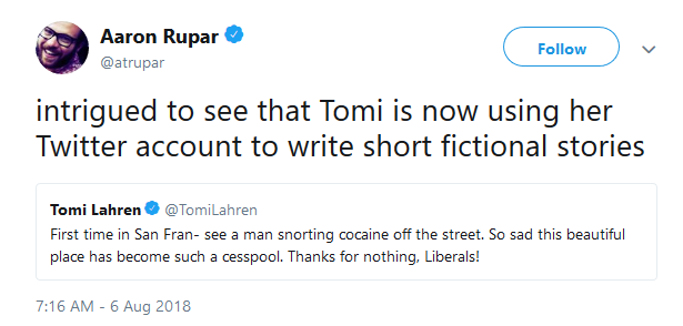 Fox News commentator Tomi Lahren blamed liberals for San Francisco becoming a 'cesspool' on Monday after she apparently visited the city for the first time. 