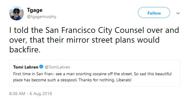 Fox News commentator Tomi Lahren blamed liberals for San Francisco becoming a 'cesspool' on Monday after she apparently visited the city for the first time. 