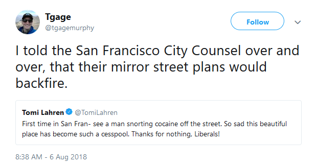 Fox News commentator Tomi Lahren blamed liberals for San Francisco becoming a 'cesspool' on Monday after she apparently visited the city for the first time.