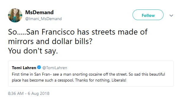 Fox News commentator Tomi Lahren blamed liberals for San Francisco becoming a 'cesspool' on Monday after she apparently visited the city for the first time. 
