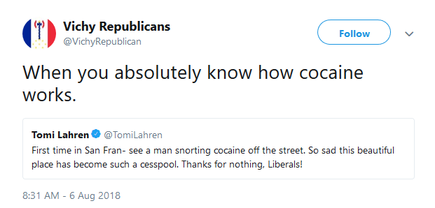 Fox News commentator Tomi Lahren blamed liberals for San Francisco becoming a 'cesspool' on Monday after she apparently visited the city for the first time.