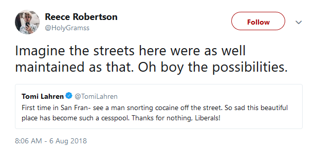 Fox News commentator Tomi Lahren blamed liberals for San Francisco becoming a 'cesspool' on Monday after she apparently visited the city for the first time.