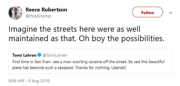 Fox News commentator Tomi Lahren blamed liberals for San Francisco becoming a 'cesspool' on Monday after she apparently visited the city for the first time. 