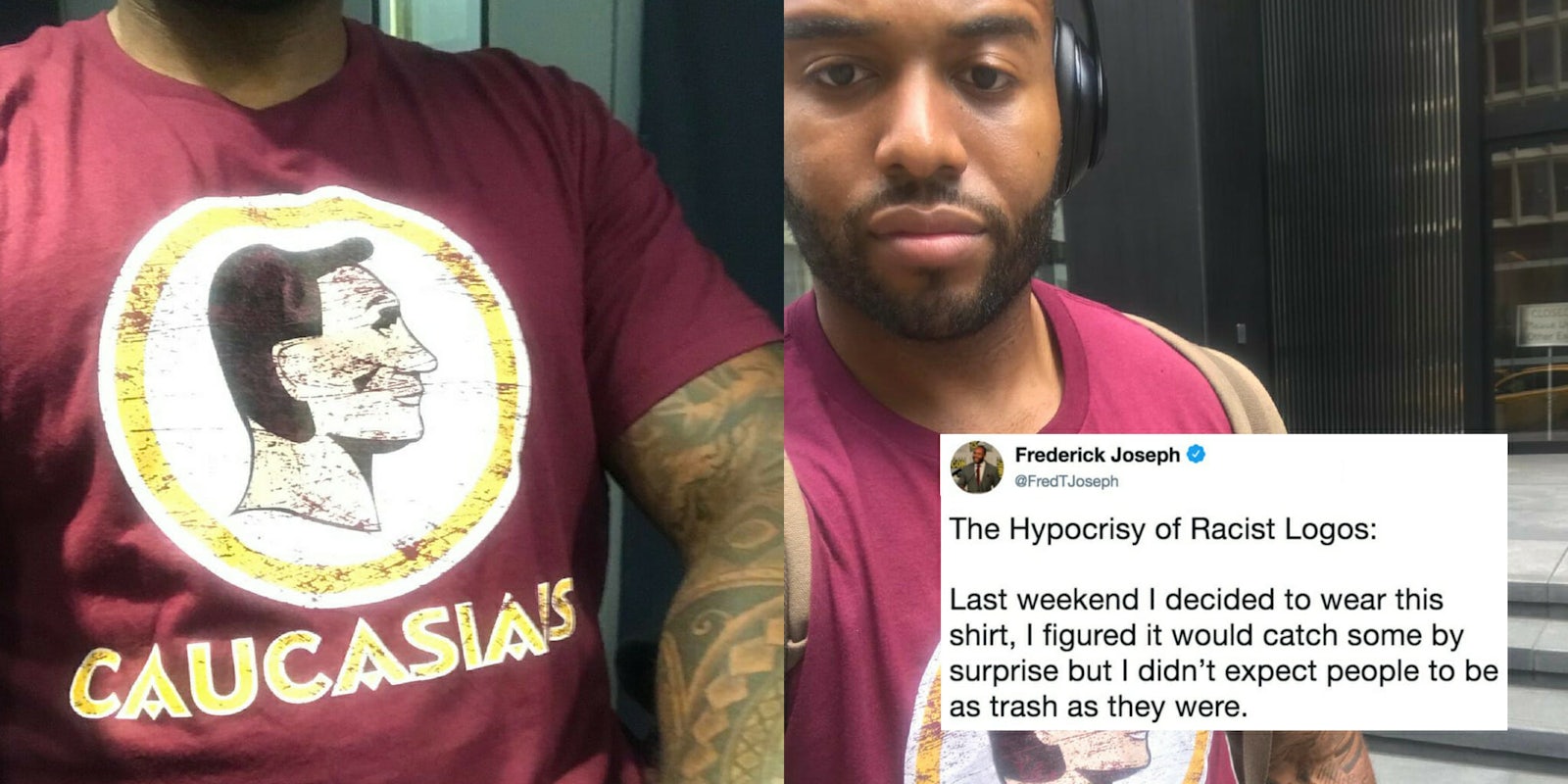 A man swapped the offensive 'Redskins' football logo with 'Caucasians' on a T-shirt.