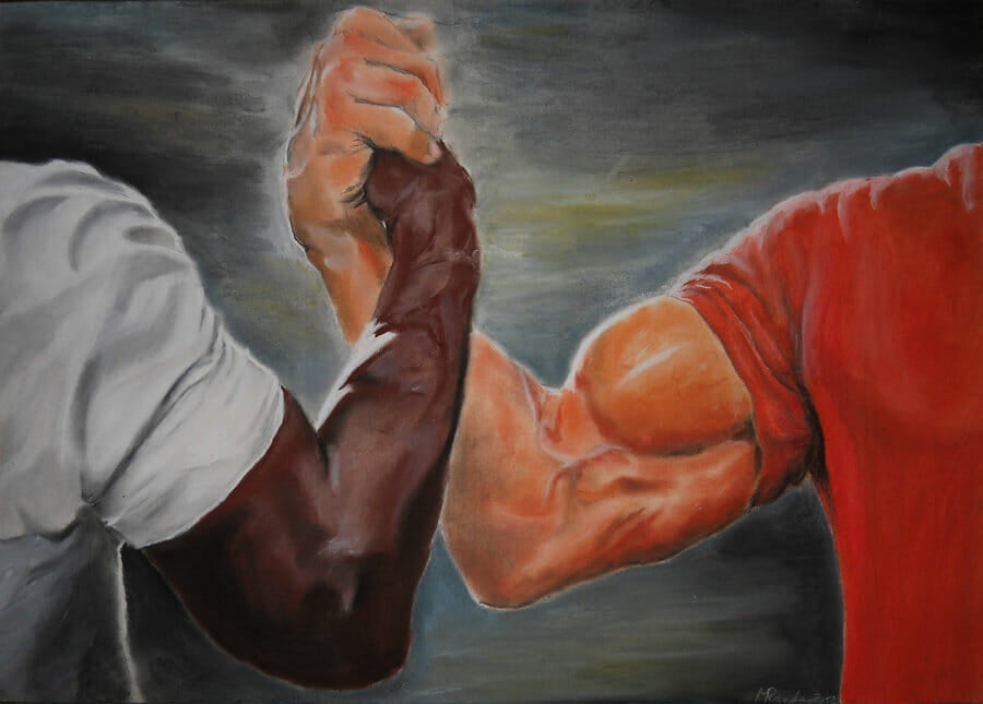 Handshake from predator. 16“ x 20“ original acrylic painting Arnold  Schwarzenegger Carl Weathers handshake