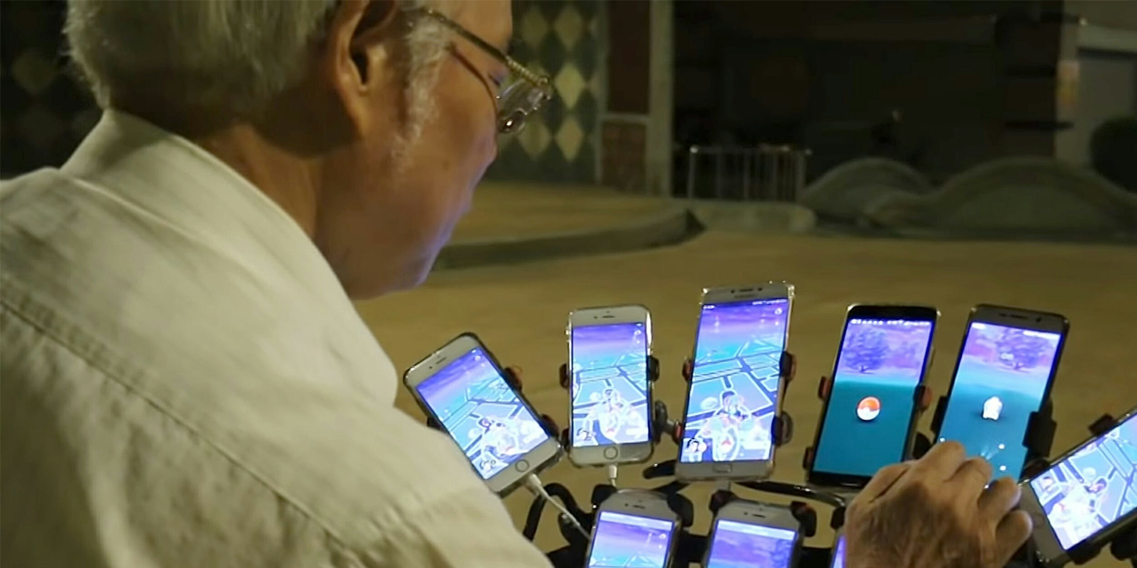 grandpa uses 9 phones to play pokemon go