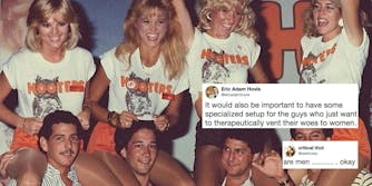 Hooters waitresses on mens' shoulders, with a tweet about Hooters offering therapy.