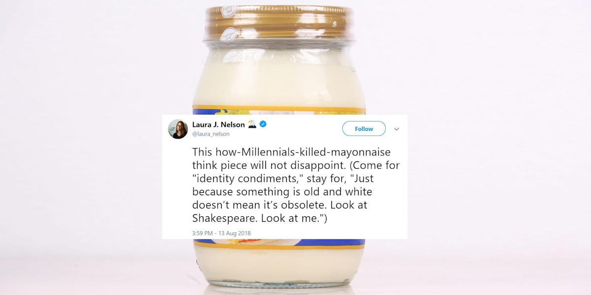 'how Milennials killed mayonnaise' tweet over mayonnaise jar